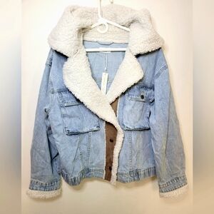 Hooded Denim Jacket Faux Sherpa Trim Size XL NWT